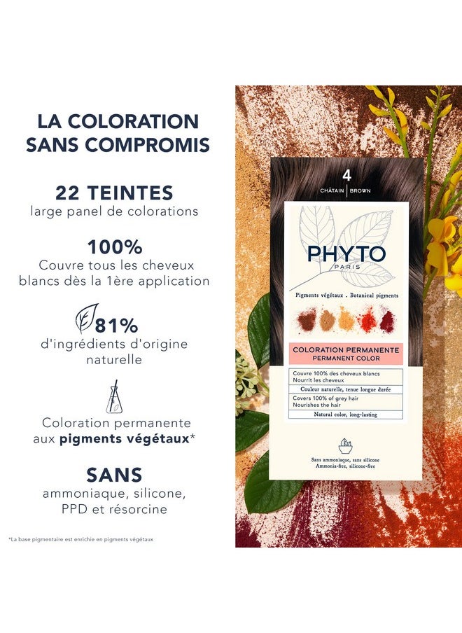 PHYTO Phytocolor Permanent Hair Color, 4 Brown, with Botanical Pigments, 100% Grey Hair Coverage, Ammonia-free, PPD-free, Resorcin-free, 0.42 oz.