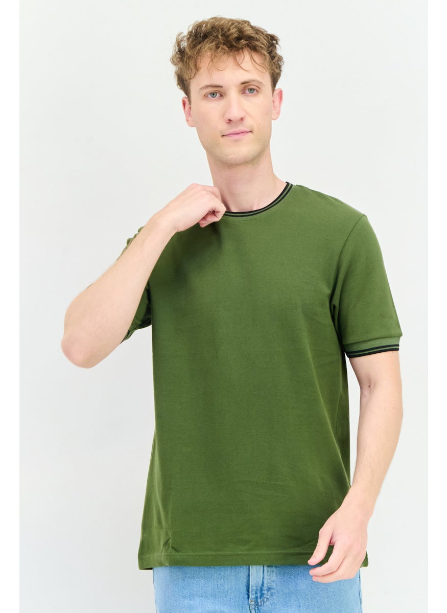 Men Crew Neck Short Sleeves Plain T-Shirt, Olive