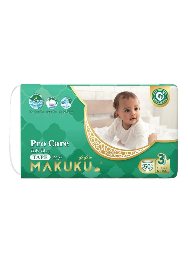 MAKUKU Pro Care Tape Style Diapers, 50 Pieces, Size 3, 6-11kg - Wetness Indicator, Thin Absorbption Core, Luxurious Soft