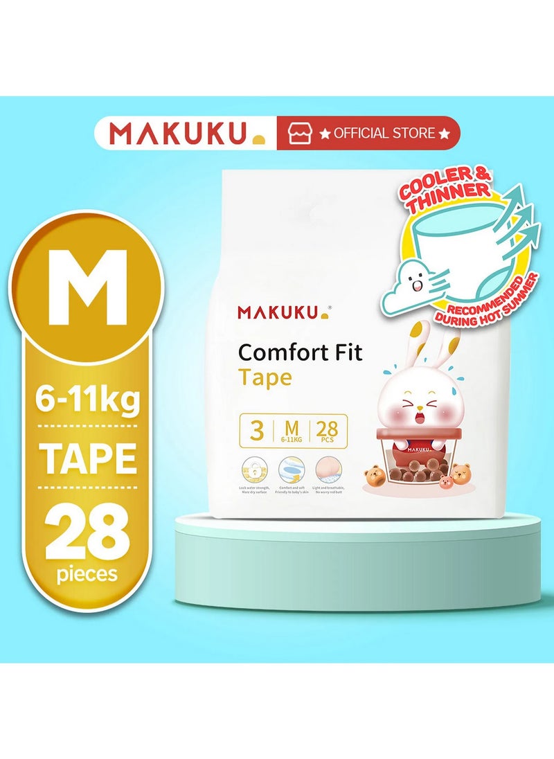 MAKUKU Comfort Fit Tape Style Diapers Size 3, Medium 28-Pack, 6-11kg, 12hr Leak-Proof Absorption