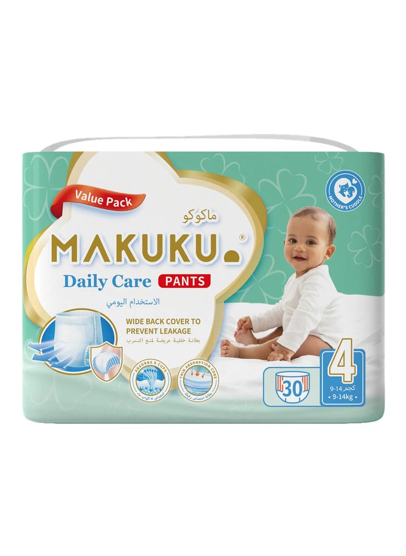MAKUKU Daily Care Pant Style Diapers, 30 Pieces Value Pack, Size 4, 9-14kg - Super Absorbent, Wide Back Cover To Prevent Leakage, Wetness Indicator