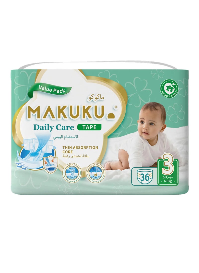 MAKUKU Daily Care Tape Style Diapers, 36 Pieces Value Pack, Size 3, 6 to 11kg - Leak-Proof, Breathable, Thin Absorption Core