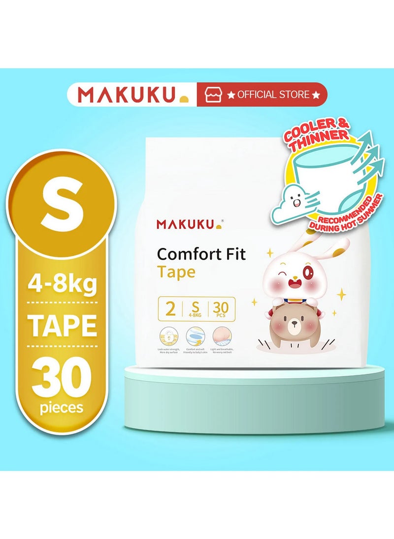 MAKUKU Comfort Fit Tape Style Diapers - Size 2 Small (4-8kg) 30pcs, 12hr Absorb, Leak Proof