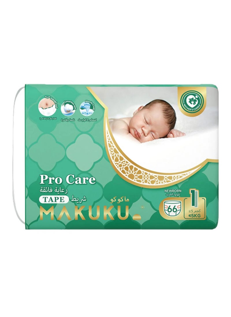 MAKUKU Pro Care Tape Style Diapers, 66 Pieces, Size 1, 0-5kg - Wetness Indicator, Thin Absorbption Core, Luxurious Soft