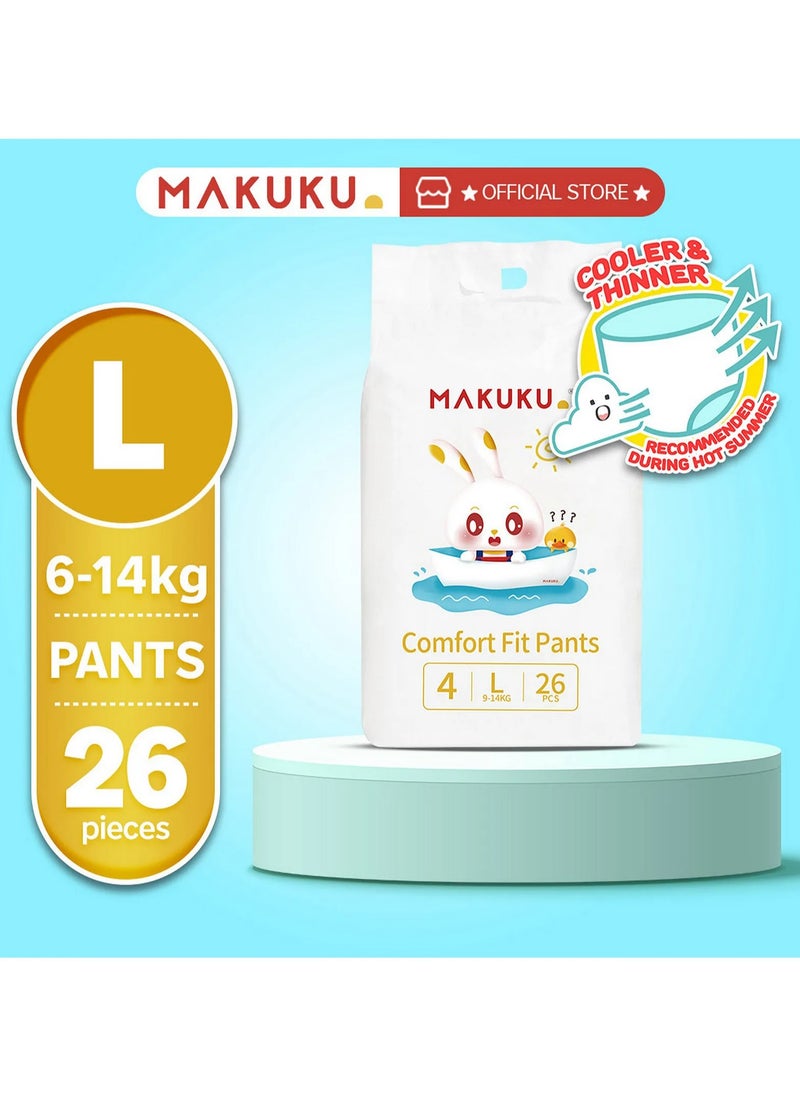 MAKUKU Comfort Fit Pant Style Baby Diapers, 26 Pieces, Size 4 L, 9 to 14kg, Leak Proof 12hr Absorption, Cooler and Thinner for Summer Months, Breathable