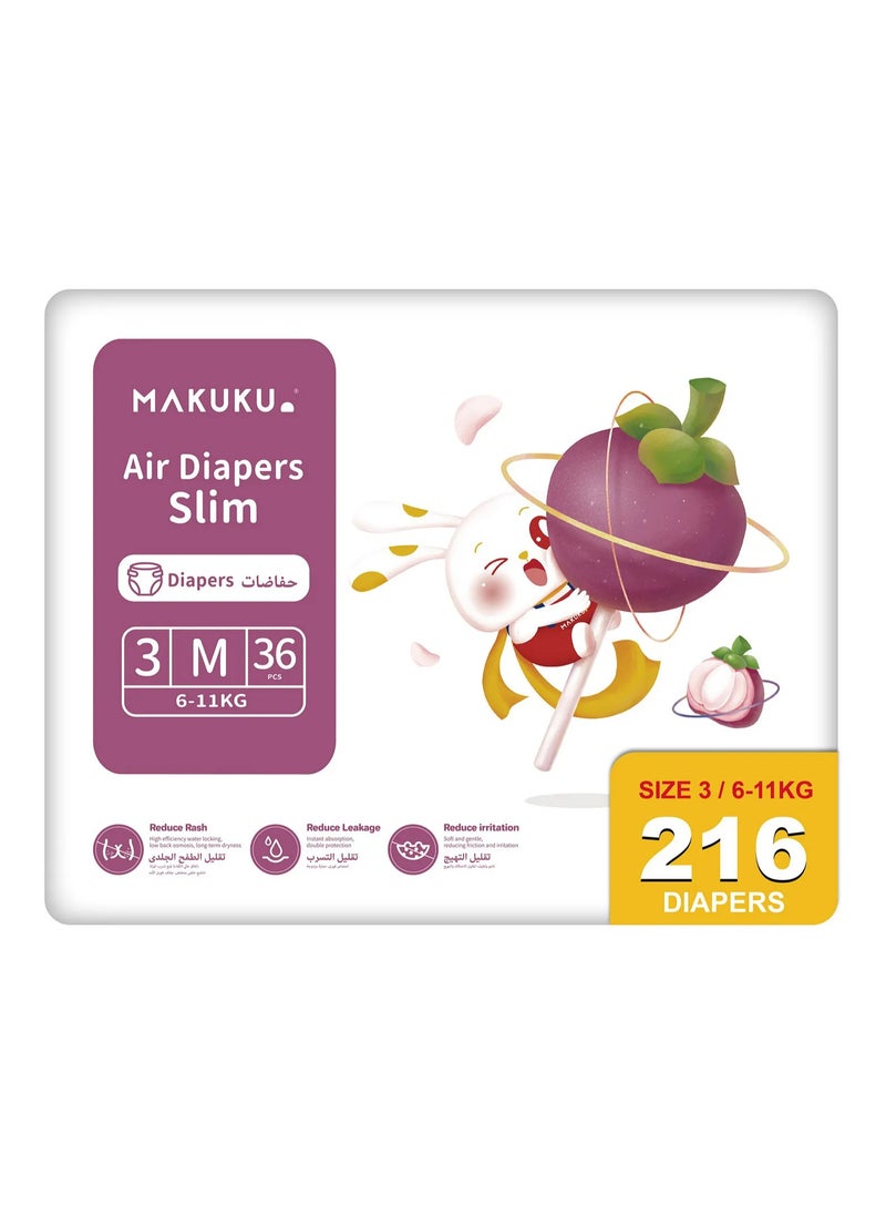 MAKUKU Slim Air Tape Style Diapers, 216 Pieces, Size 3 Medium, 6-11kg - Reduce Rash, Instant Absorption, Breathable and Soft