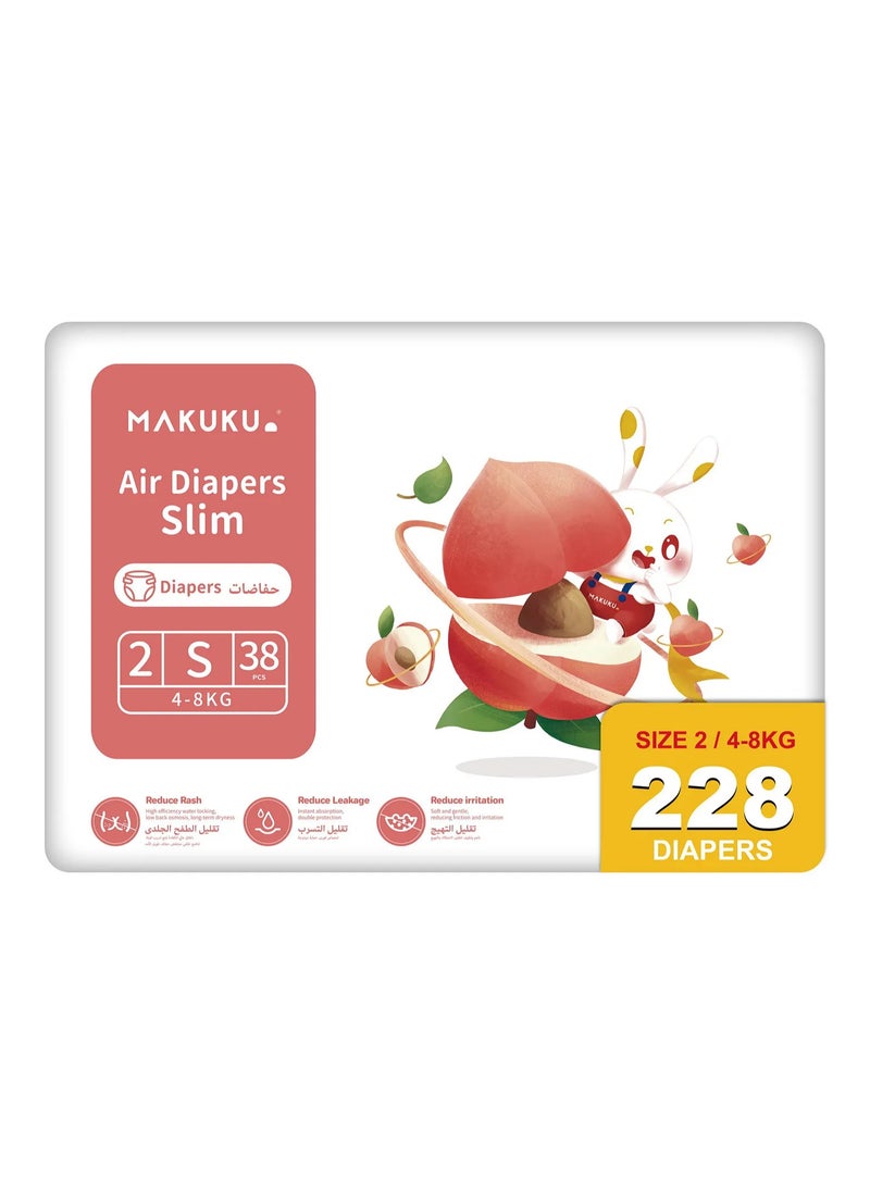 MAKUKU Slim Air Tape Style Diapers, 228 Pieces, Size 2 Small, 4-8kg - Reduce Rash, Instant Absorption, Breathable and Soft