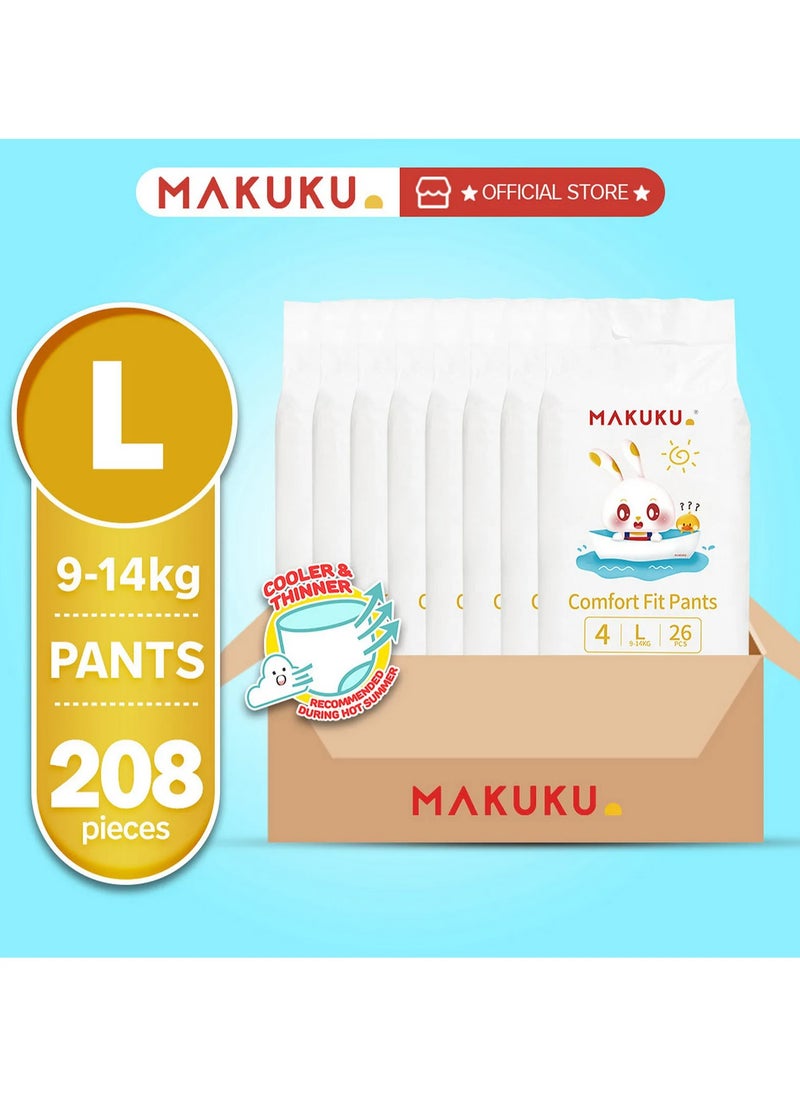 MAKUKU Comfort Fit Pant Style Baby Diapers, 208 Pieces, Size 4 L, 9 to 14kg, Leak Proof 12hr Absorption, Cooler and Thinner for Summer Months, Breathable
