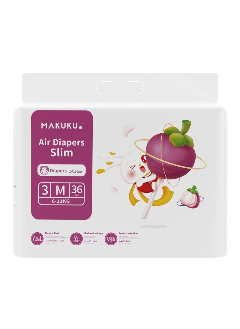 MAKUKU Slim Air Tape Style Diapers, 36 Pieces, Size 3 Medium, 6-11kg - Reduce Rash, Instant Absorption, Breathable and Soft