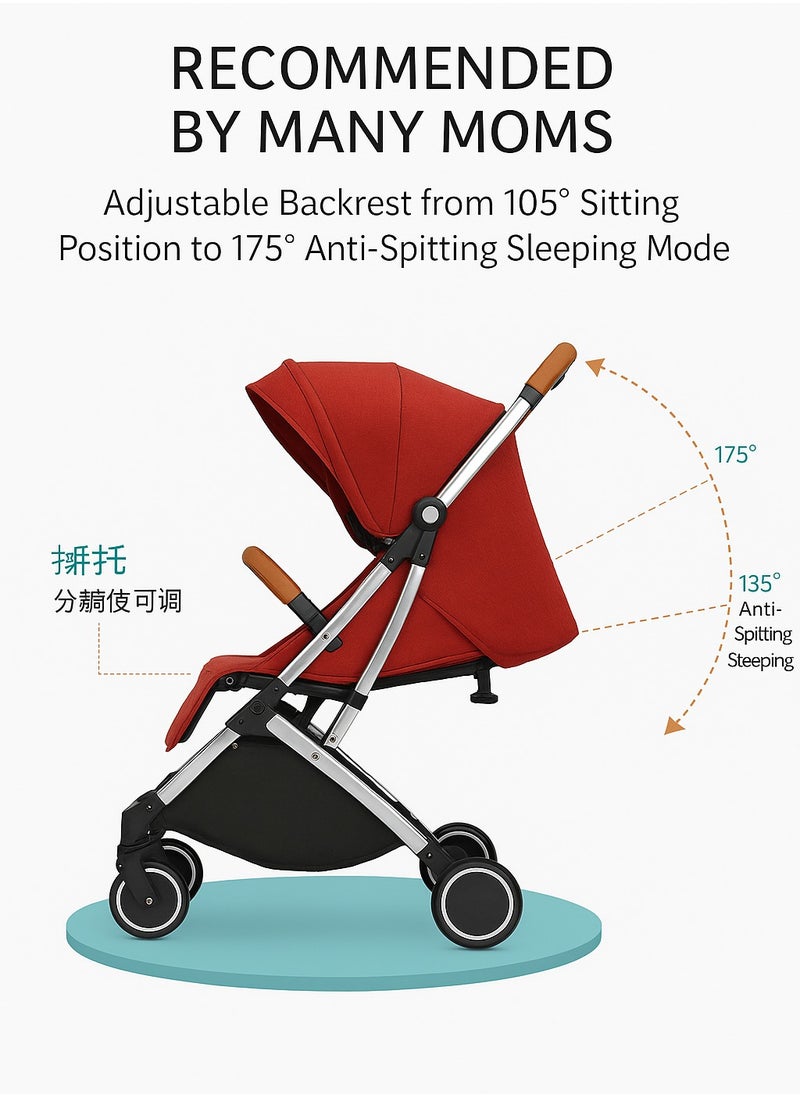 Lightweight Baby Stroller Coffee Color with Rose Gold Frame | Compact Fold, Adjustable Reclining, 5-Point Safety Harness, Smooth Wheels for Travel