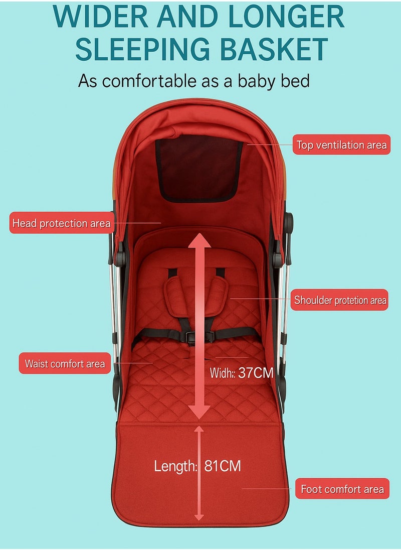 Lightweight Baby Stroller Coffee Color with Rose Gold Frame | Compact Fold, Adjustable Reclining, 5-Point Safety Harness, Smooth Wheels for Travel