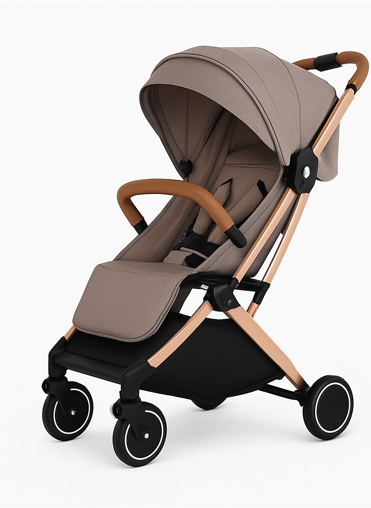 Lightweight Baby Stroller Coffee Color with Rose Gold Frame | Compact Fold, Adjustable Reclining, 5-Point Safety Harness, Smooth Wheels for Travel