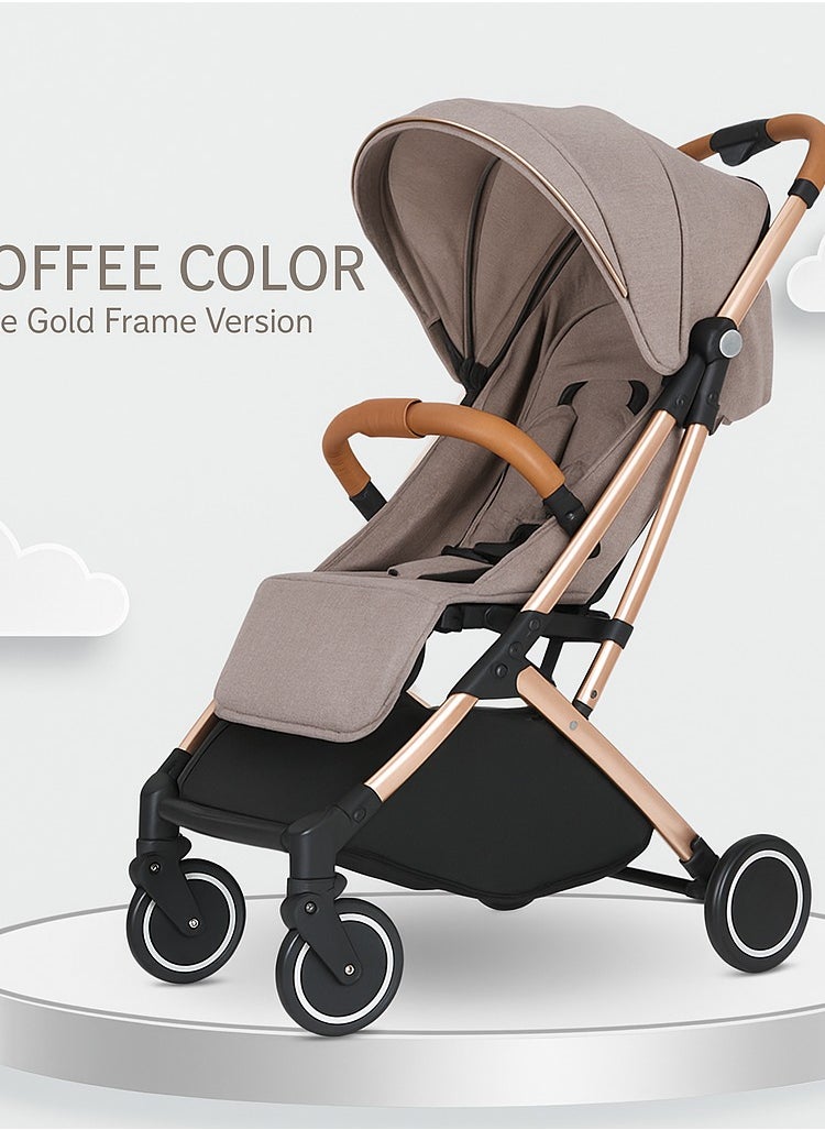 Lightweight Baby Stroller Coffee Color with Rose Gold Frame | Compact Fold, Adjustable Reclining, 5-Point Safety Harness, Smooth Wheels for Travel
