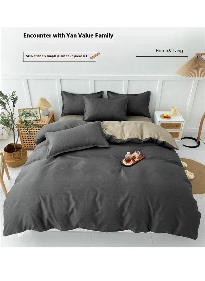 4-Piece Simple Grid Duvet Cover Set， Grey Duvet Cover ,Ultra Soft and Easy Care Breathable Cozy Simple Style Bedding Set