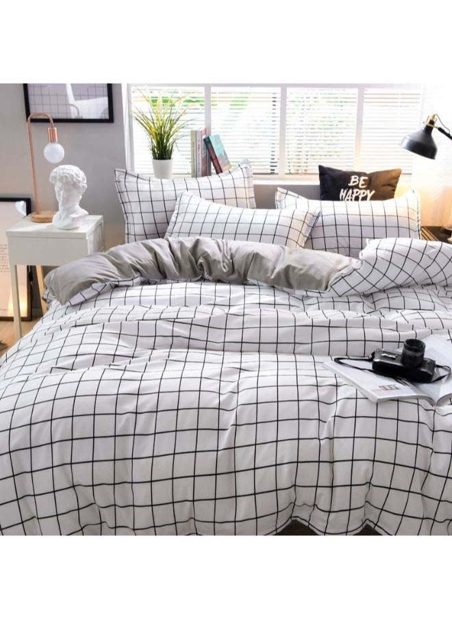 4-Piece Simple Grid Duvet Cover Set Polyester White/Grey，Duvet Cover Set Grid White - Kids Washed Soft Bedding Set Lightweight Comforter Cover Set