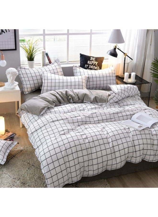 4-Piece Simple Grid Duvet Cover Set Polyester White/Grey，Duvet Cover Set Grid White - Kids Washed Soft Bedding Set Lightweight Comforter Cover Set