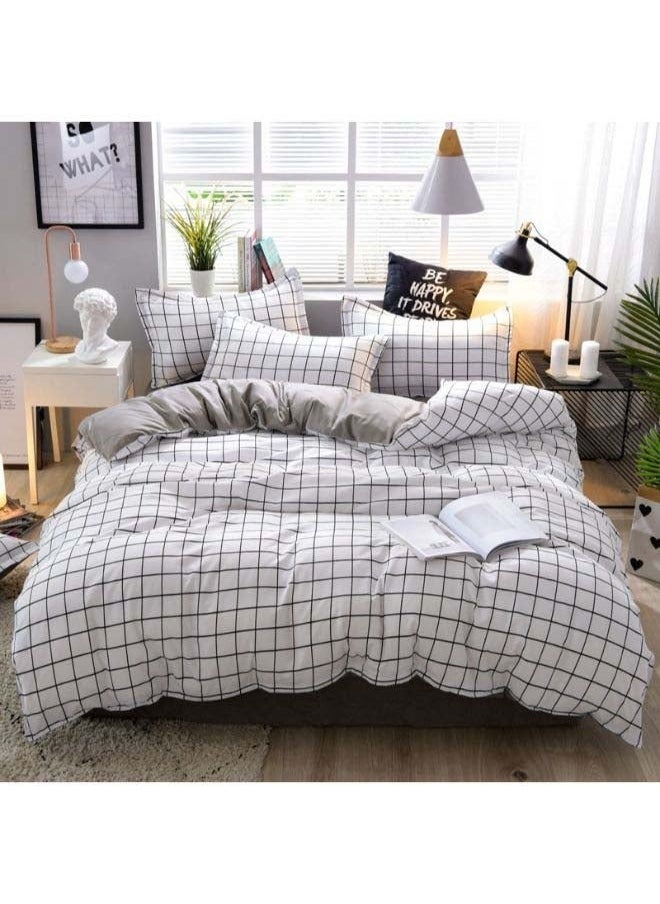 4-Piece Simple Grid Duvet Cover Set Polyester White/Grey，Duvet Cover Set Grid White - Kids Washed Soft Bedding Set Lightweight Comforter Cover Set