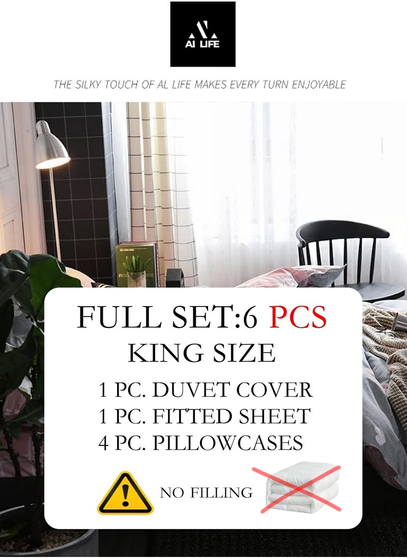 AI LIFE Premium King Size 6-Pieces Duvet Cover Set, 1 x Duvet Cover, 1 x Fitted Sheet, 4 x Pillowcases, Fade Resistant, Durable Bedsheet For All Season.