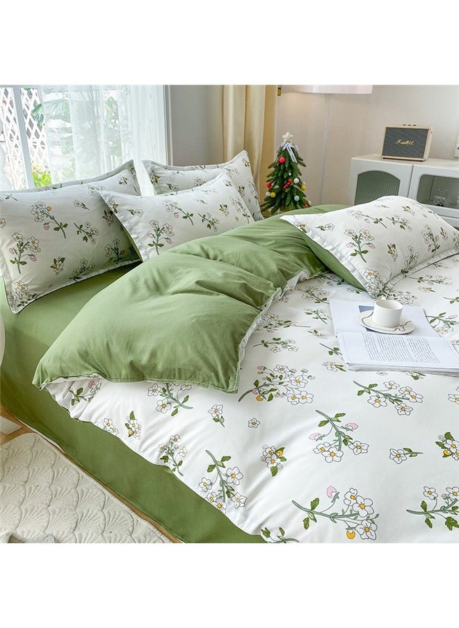 Botanical Cotton Comforter Queen Size - Tender Green Comforter Printed with Leafy Branches & Purple Stamens on Off-White,Reversible Lightweight Bedding Sets 3Pcs