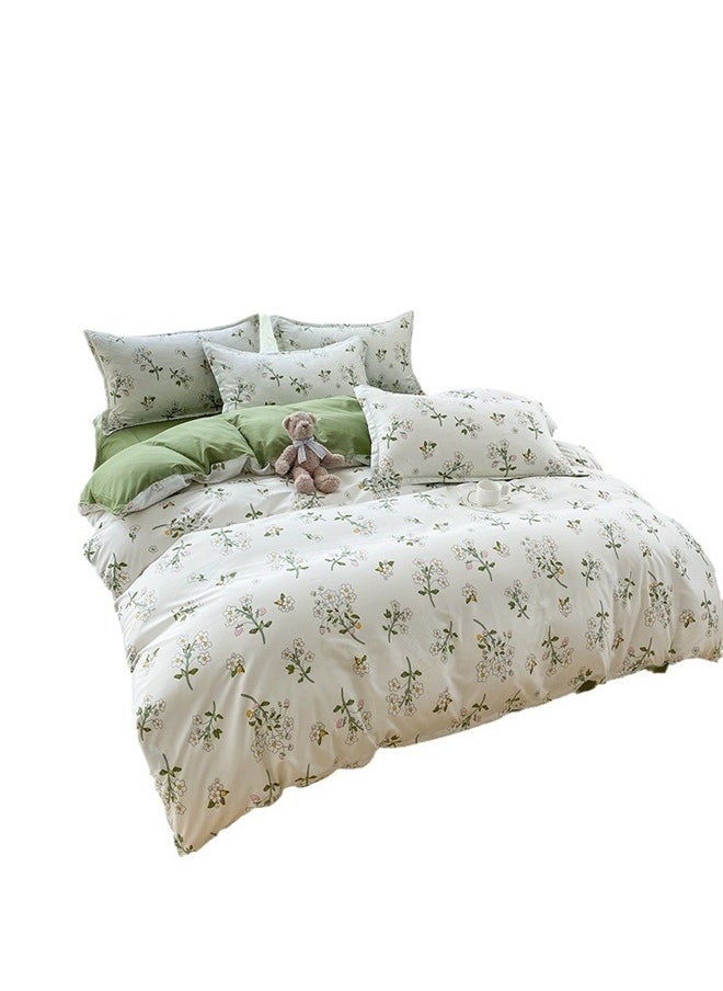 Botanical Cotton Comforter Queen Size - Tender Green Comforter Printed with Leafy Branches & Purple Stamens on Off-White,Reversible Lightweight Bedding Sets 3Pcs
