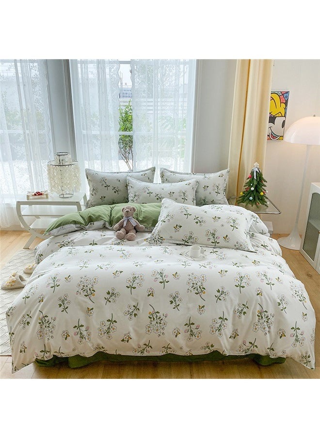 Botanical Cotton Comforter Queen Size - Tender Green Comforter Printed with Leafy Branches & Purple Stamens on Off-White,Reversible Lightweight Bedding Sets 3Pcs