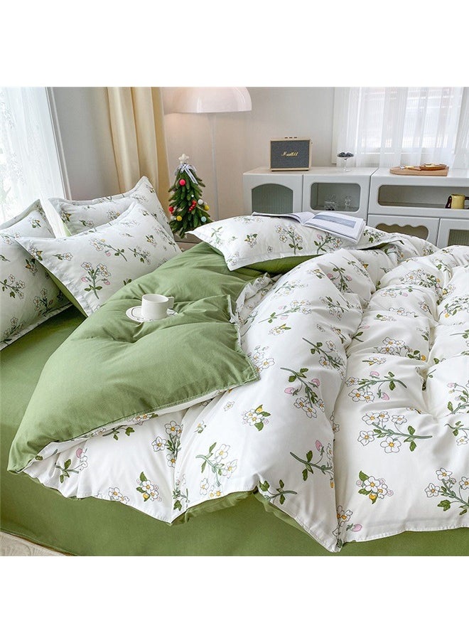 Botanical Cotton Comforter Queen Size - Tender Green Comforter Printed with Leafy Branches & Purple Stamens on Off-White,Reversible Lightweight Bedding Sets 3Pcs