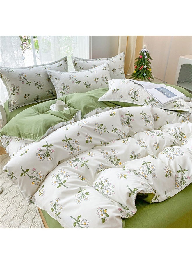 Botanical Cotton Comforter Queen Size - Tender Green Comforter Printed with Leafy Branches & Purple Stamens on Off-White,Reversible Lightweight Bedding Sets 3Pcs