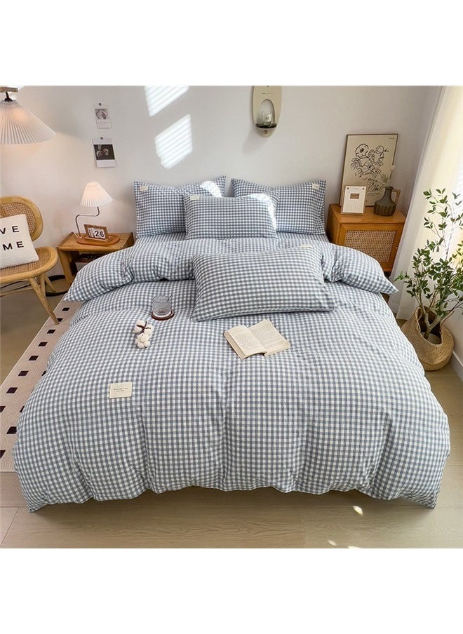 4-Piece European Style Jacquard Duvet Cover Set Polyester blue，Washed Cotton Plaid Comforter Cover Set, Blue Ultra-Soft & Lightweight Cottage Bedding Set