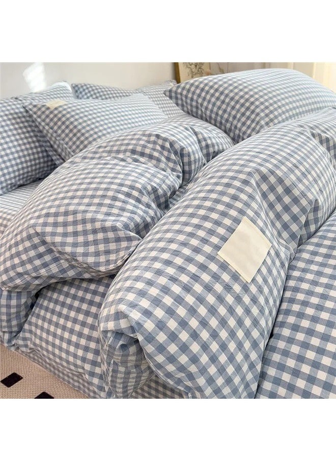 4-Piece European Style Jacquard Duvet Cover Set Polyester blue，Washed Cotton Plaid Comforter Cover Set, Blue Ultra-Soft & Lightweight Cottage Bedding Set