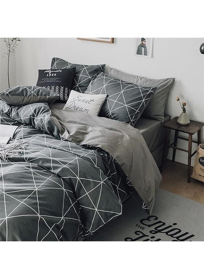 4-Piece European Style Luxury Jacquard Single Bedding Set Polyester Grey，Comforter Set Soft Geometric Grey Geometric Checkered Plaid Printed Bedding Comforter for Men Boys