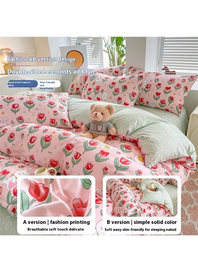 4-Piece Luxury Jacquard Duvet Cover Set ，Cotton Bunny Crib Bedding Set with Rabbit Garden Floral Printed, Soft Comforter Set for Sweet Girls