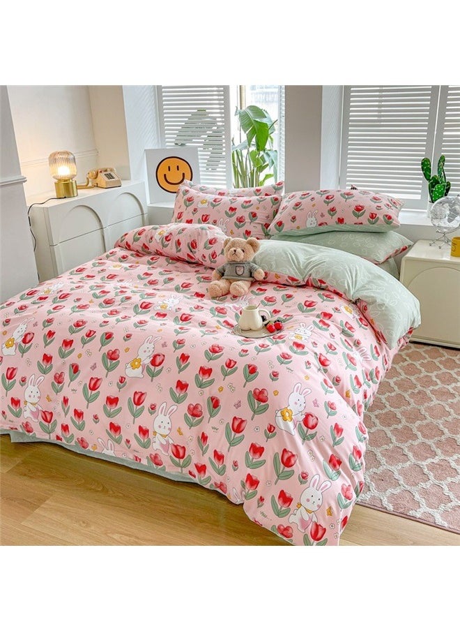 4-Piece Luxury Jacquard Duvet Cover Set ，Cotton Bunny Crib Bedding Set with Rabbit Garden Floral Printed, Soft Comforter Set for Sweet Girls