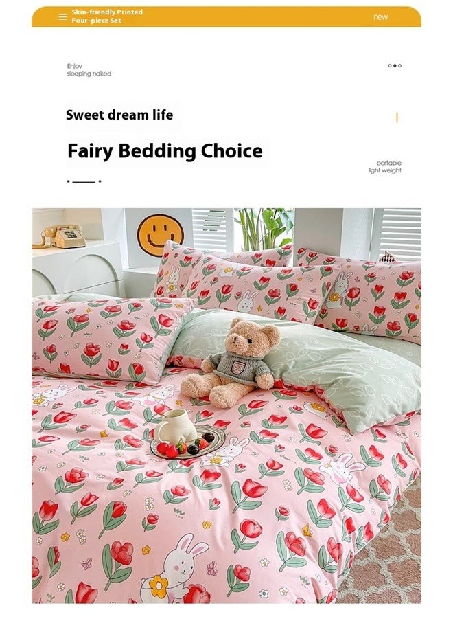 4-Piece Luxury Jacquard Duvet Cover Set ，Cotton Bunny Crib Bedding Set with Rabbit Garden Floral Printed, Soft Comforter Set for Sweet Girls