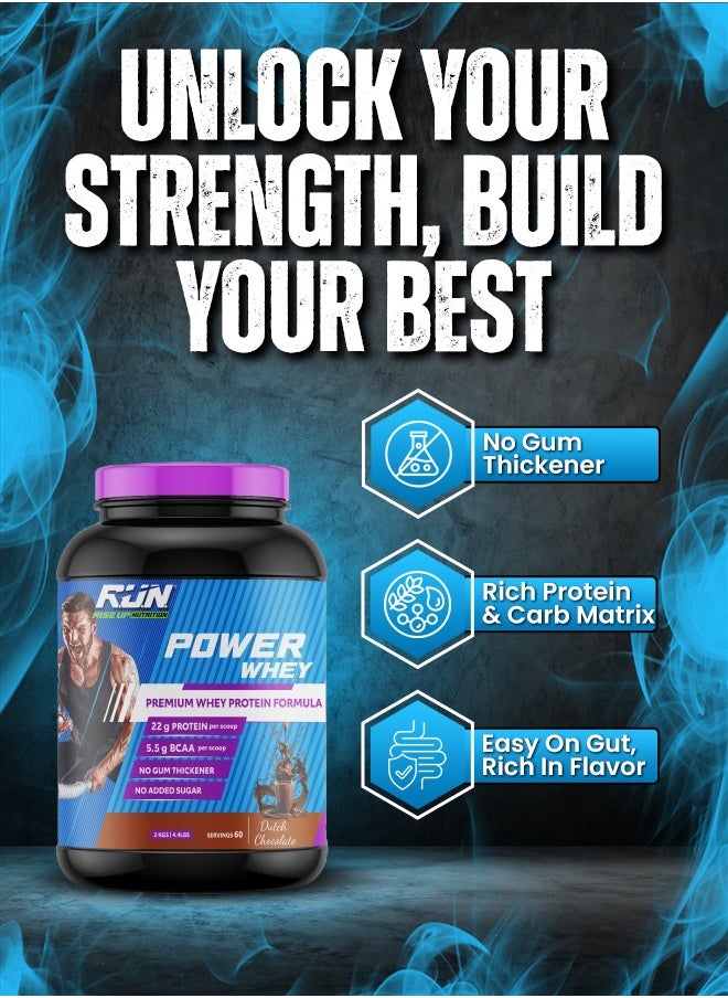 Power Whey Protein 2kg, Premium Whey Powder, 22g Protein, 5.5g BCAA, Non-GMO, Gluten free, Soy free, 4.40 Lbs (Dutch Chocolate)