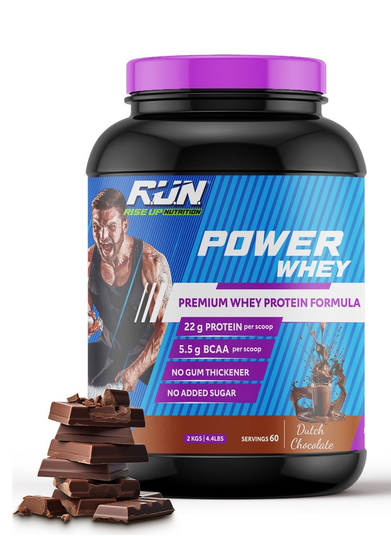 Power Whey Protein 2kg, Premium Whey Powder, 22g Protein, 5.5g BCAA, Non-GMO, Gluten free, Soy free, 4.40 Lbs (Dutch Chocolate)