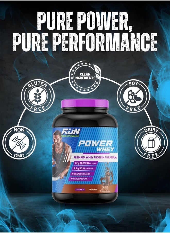 Power Whey Protein 2kg, Premium Whey Powder, 22g Protein, 5.5g BCAA, Non-GMO, Gluten free, Soy free, 4.40 Lbs (Dutch Chocolate)