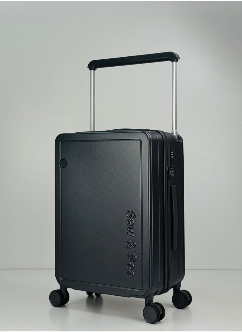 Carry On Luggage Wide Handle Luxury Design Rolling Travel Suitcase, TSA Approved combination Lock, PC Hardside with Cup Holder and 4 Double Spinner Wheels, 20 inch - Black