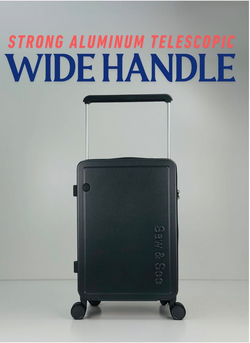 Carry On Luggage Wide Handle Luxury Design Rolling Travel Suitcase, TSA Approved combination Lock, PC Hardside with Cup Holder and 4 Double Spinner Wheels, 20 inch - Black