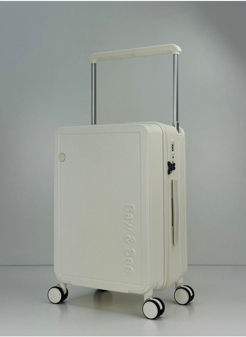 Carry On Luggage Wide Handle Luxury Design Rolling Travel Suitcase, TSA Approved combination Lock, PC Hardside with Cup Holder and 4 Double Spinner Wheels, 20 inch - White