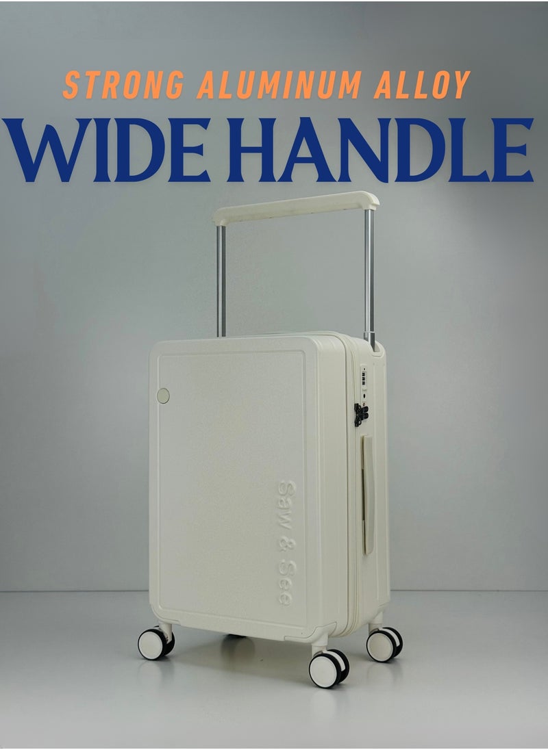 Carry On Luggage Wide Handle Luxury Design Rolling Travel Suitcase, TSA Approved combination Lock, PC Hardside with Cup Holder and 4 Double Spinner Wheels, 20 inch - White