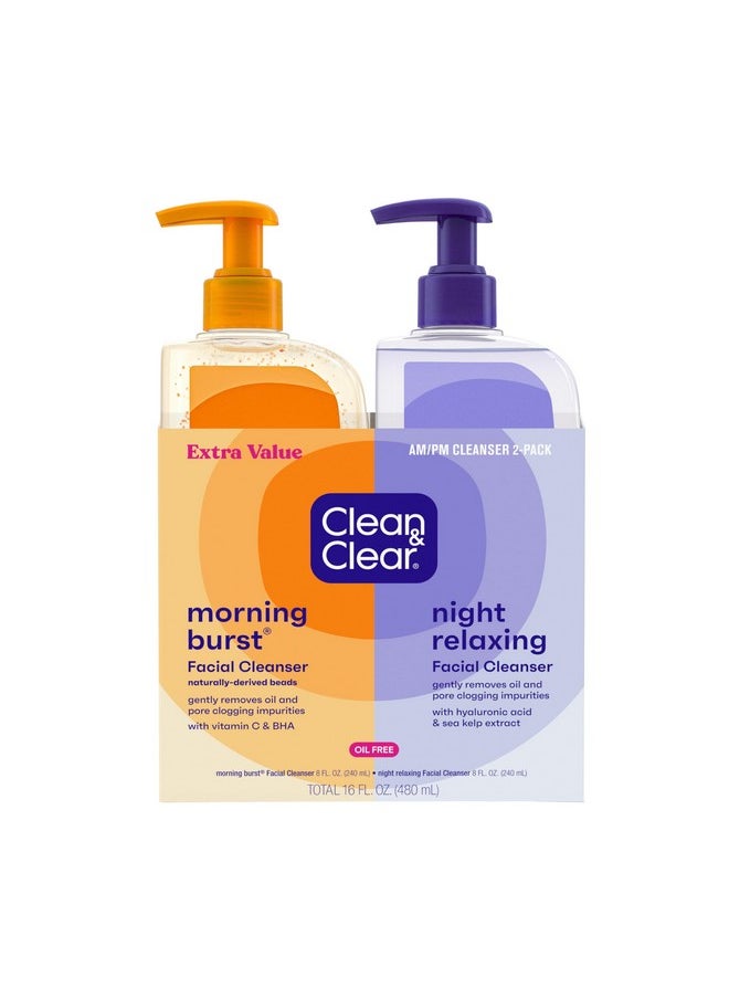 Clean & Clear 2-Pack Oil-Free Facial Cleansers with Citrus Scent, Morning Burst and Night Relaxing, 16 oz