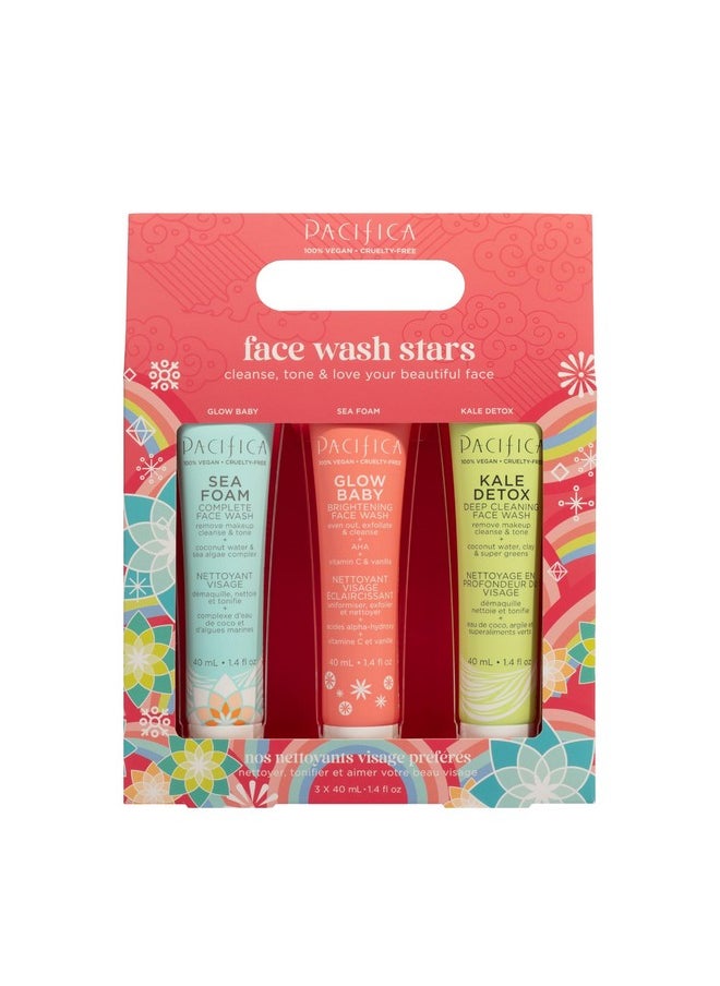 Pacifica Face Wash Set - Preppy Skincare Gift Set Value Kit for Holidays | Brightens, Tones and Deep Cleans |Glow Baby, Kale Detox and Sea Foam | 3 Pack