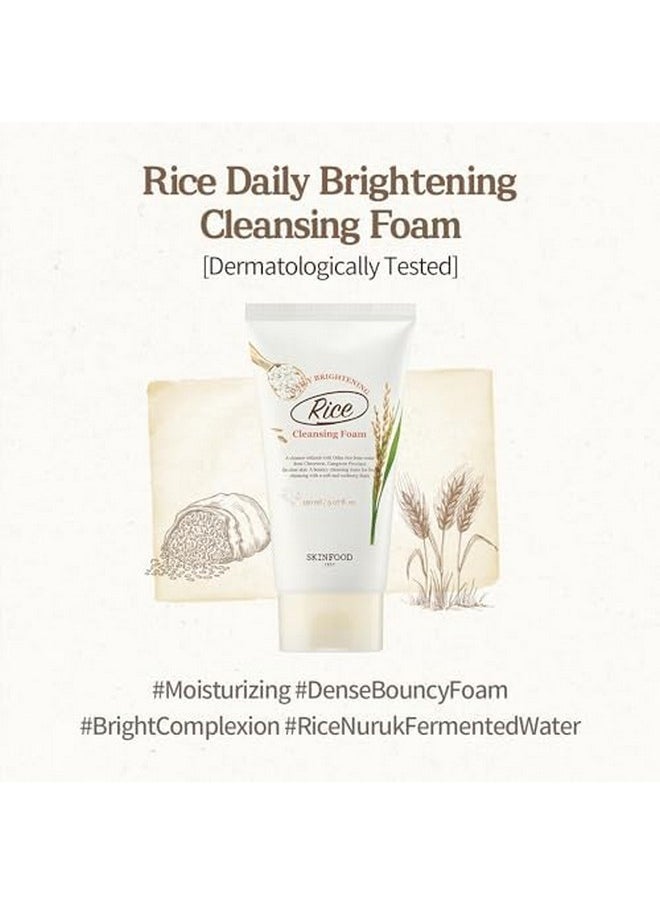 SKINFOOD Rice Daily Cleansing Foam 150ml - Delicate, Fine, and Smooth Brightening Cleansing with Fermented White Rice Ingredients - Firming Bubble Facial Foam Cleanser - For Men and Women (5.07 fl. oz.)