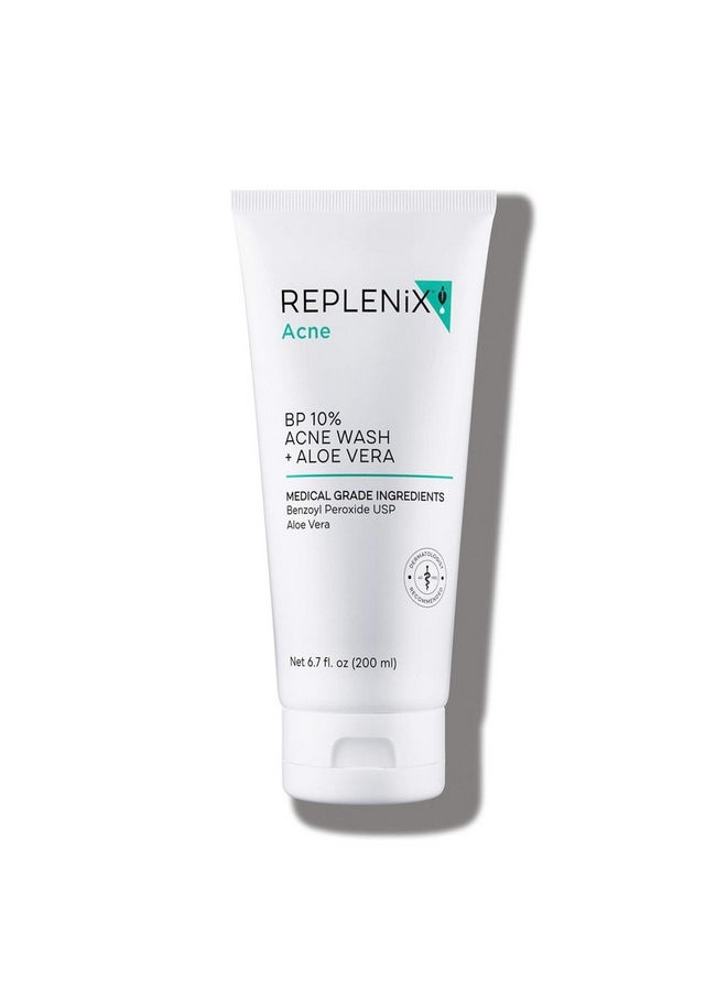 Replenix BP 10% Acne Wash + Aloe Vera, Oil-Free Benzoyl Peroxide Face Cleanser with Medical-Grade Ingredients for Acne-Prone Skin (6.7 fl. oz)