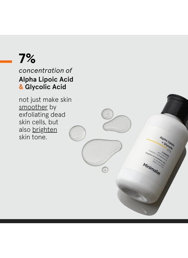 Minimalist 7% ALA & AHA Face Wash for Brightening, Exfoliating, Glow & Even Tone | With Vitamin B5 For Hydration & Glycolic Acid For Exfoliation | 3.4 Fl Oz / 100 ml