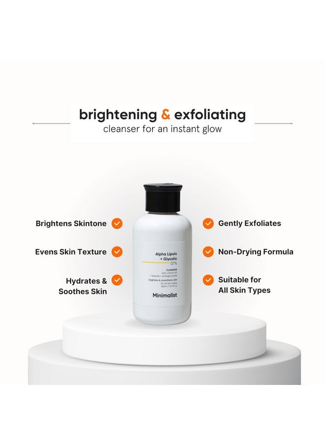 Minimalist 7% ALA & AHA Face Wash for Brightening, Exfoliating, Glow & Even Tone | With Vitamin B5 For Hydration & Glycolic Acid For Exfoliation | 3.4 Fl Oz / 100 ml