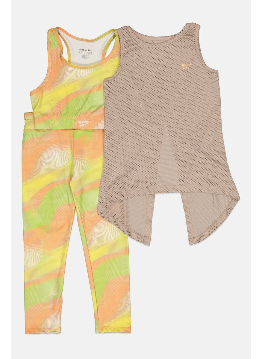 Kids Girl 3 Pieces Brand Logo Tank Top, Sports Bra and Leggings Set, Multicolor