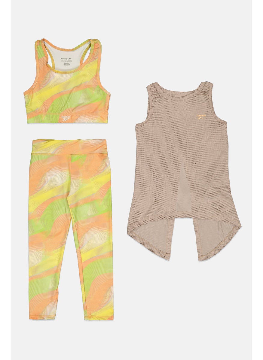 Kids Girl 3 Pieces Brand Logo Tank Top, Sports Bra and Leggings Set, Multicolor