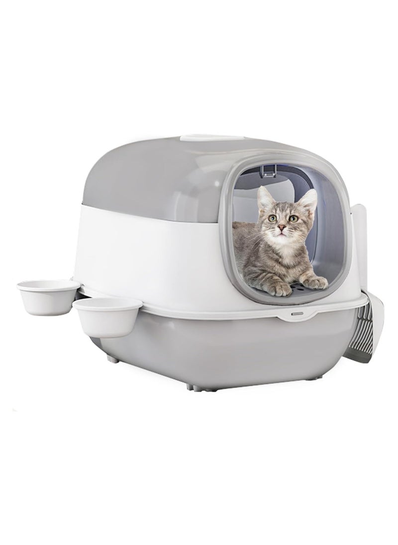 UV Extra Large Space Cat Litter Box， Foldable Cat Litter Box with Lid Large Covered Cat Litter Box Enclosed Litter Box with Scoop and Bowl Anti-Splashing Kitty Litter Pan Closed Cat Toilet