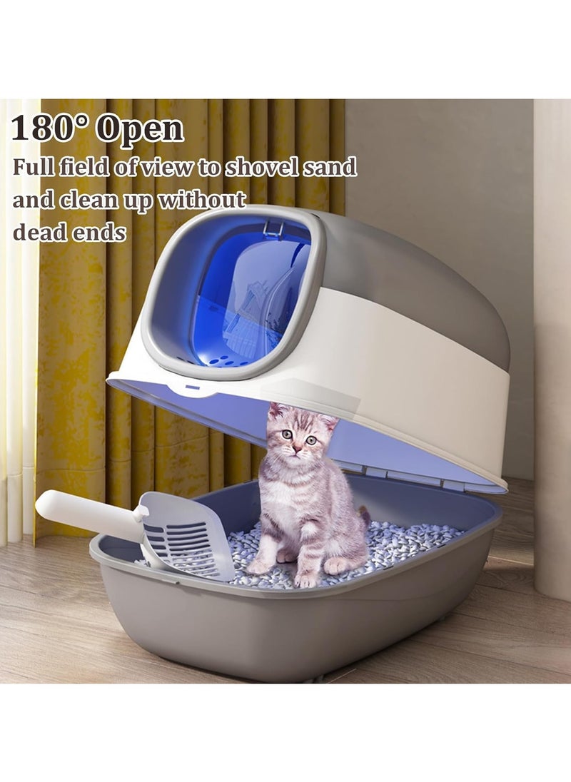 UV Extra Large Space Cat Litter Box， Foldable Cat Litter Box with Lid Large Covered Cat Litter Box Enclosed Litter Box with Scoop and Bowl Anti-Splashing Kitty Litter Pan Closed Cat Toilet